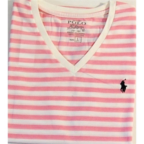 Ralph Lauren Men's Stripe V Neck T Shirt Pink/White