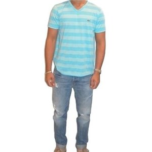 Lacoste Short Sleeve Pima Jersey V-Neck T-Stripe Shirt Turquoise