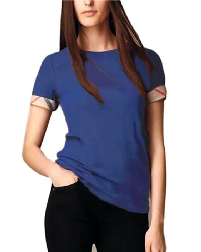 Check Cuff Stretch Cotton  T-Shirt